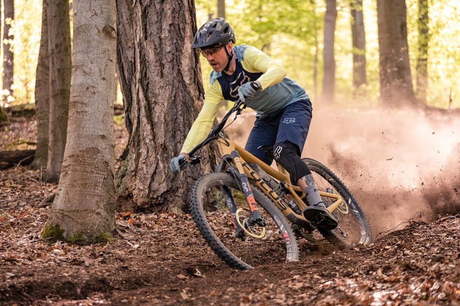 Rider testing shorts on a real mountain bike trail