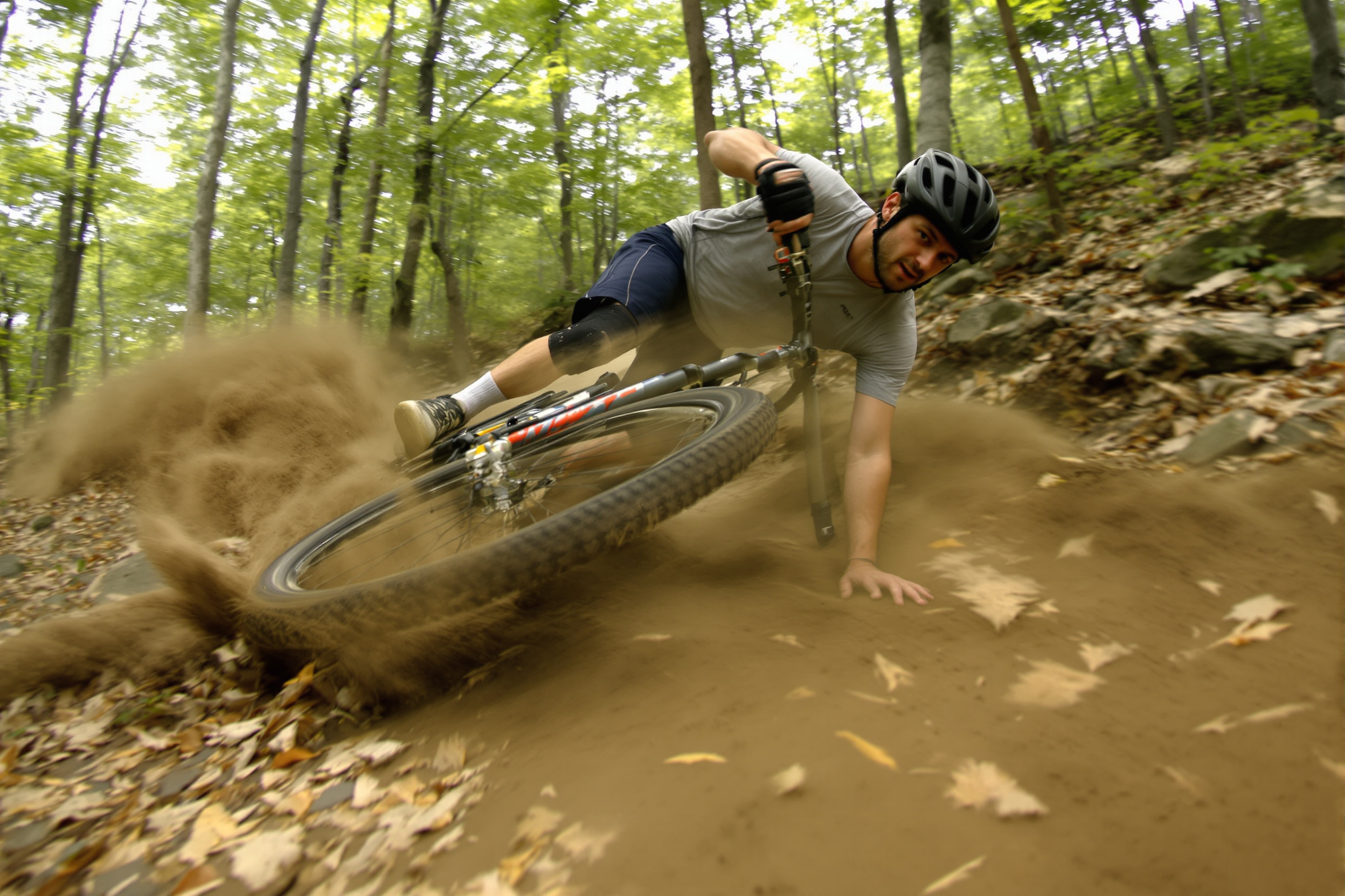 Mountain biker mid-crash on rocky forest trail