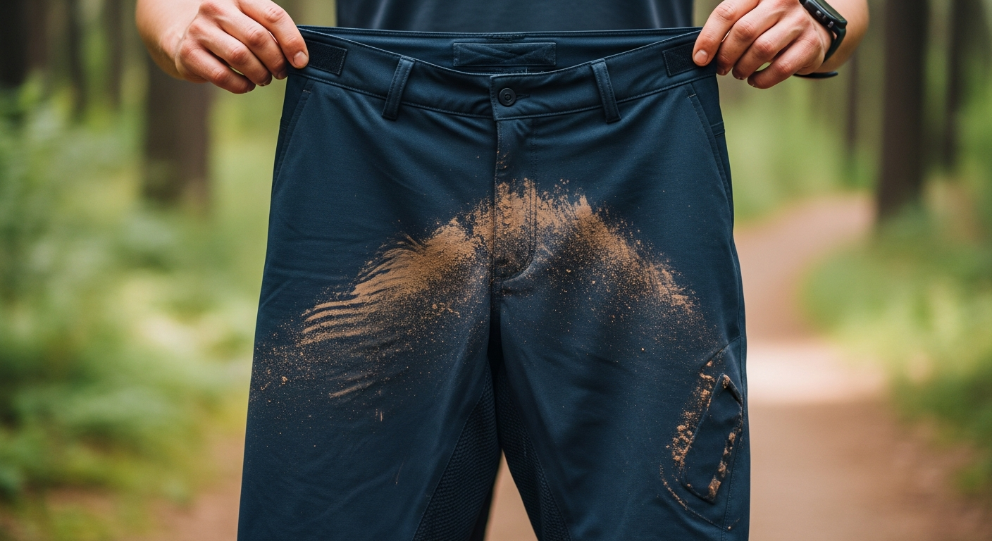 The Andean Trails shorts on the dirt afterwards — dirty but intact, no tears or fabric damage